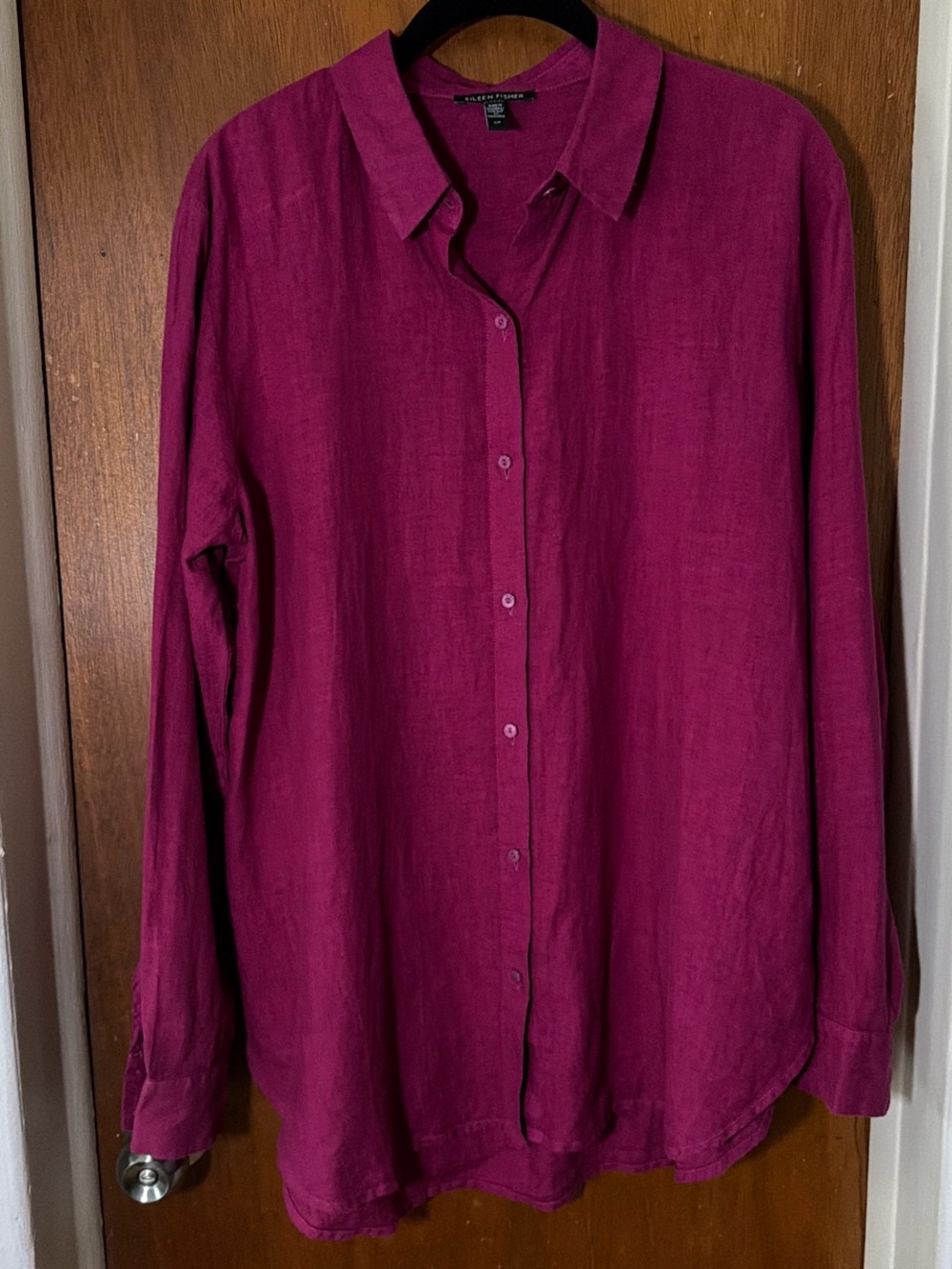 Eileen Fisher Magenta Button-Front Linen Blouse